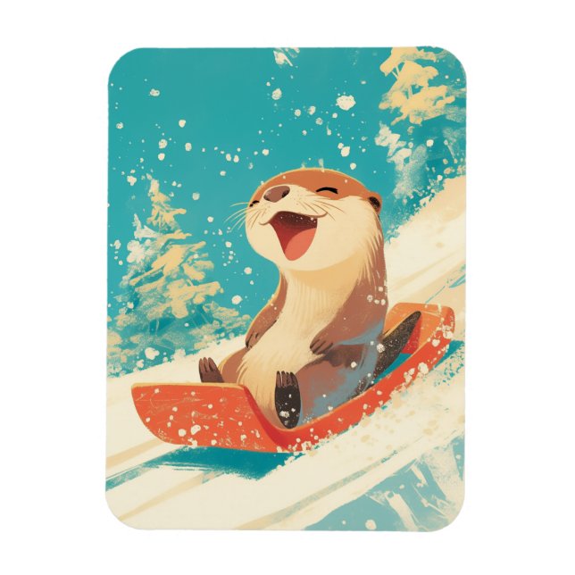 Otter Sledding in Snow Magnet (Vertikal)