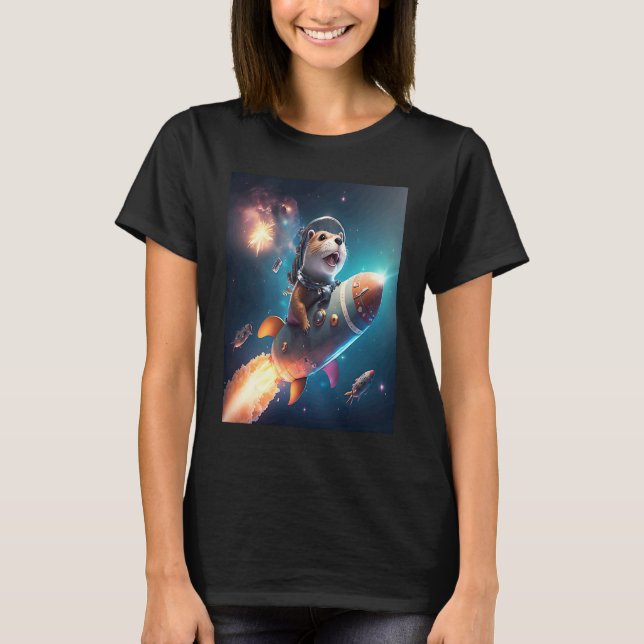 Otter Space Puns Space Otter Riding A Rocket T-Shirt (Vorderseite)