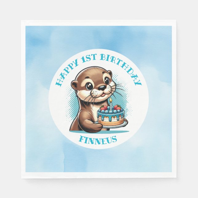 Otter Themed Boys erster Geburtstag Personalisiert Serviette (Vorderseite)