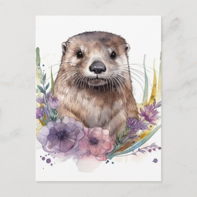 Otter und Purple Blumen Postkarte (Vorderseite)