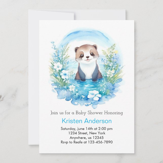 Otter Watercolor Wonderland Boy Baby Dusche Einladung (Vorderseite)