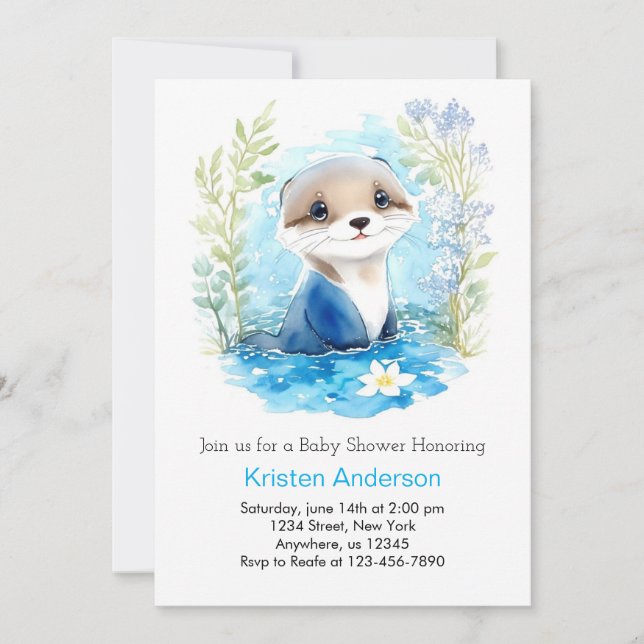 Otter Watercolor Wonderland Boy Baby Dusche Einladung (Vorderseite)
