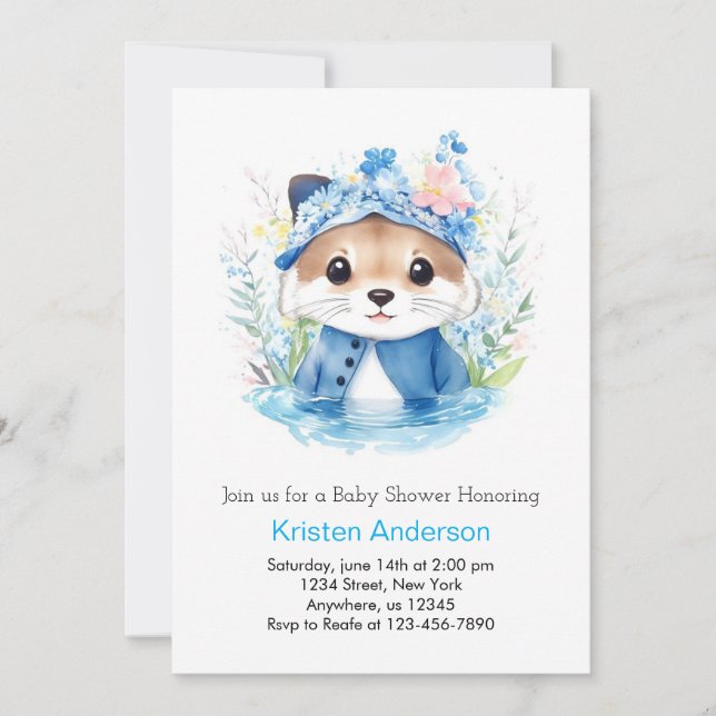 Otter Whimsy Watercolor Boy Babydusche Einladung (Vorderseite)