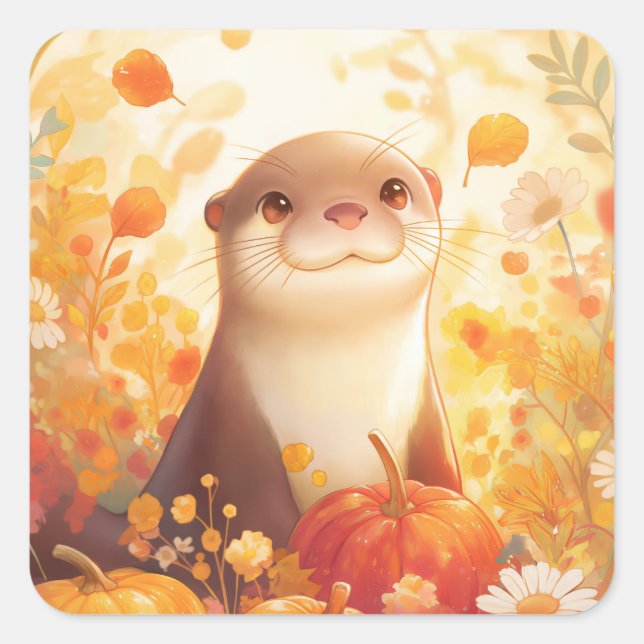 Otter with Pumpkins and Autumn Flowers Quadratischer Aufkleber (Vorderseite)