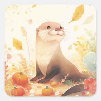 Otter with Small Pumpkins and Yellow Autumn Leaves Quadratischer Aufkleber