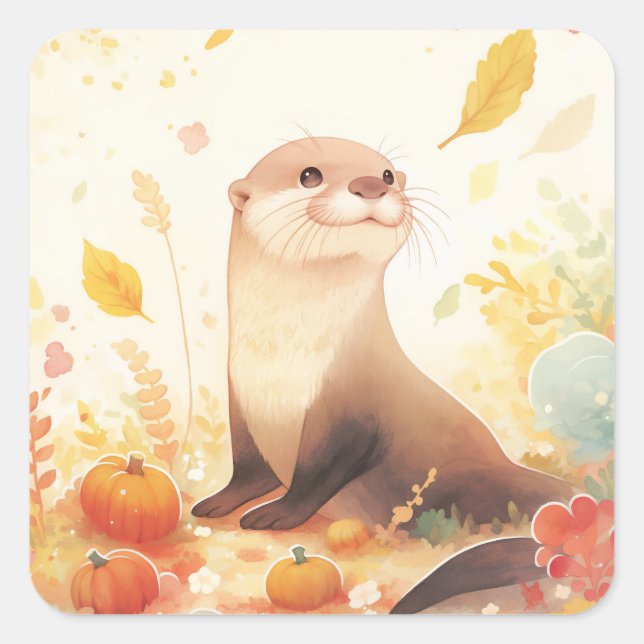 Otter with Small Pumpkins and Yellow Autumn Leaves Quadratischer Aufkleber (Vorderseite)
