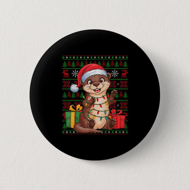 Otter Xmas Lights Ugly Santa Hat Otter Christmas  Button (Vorderseite)