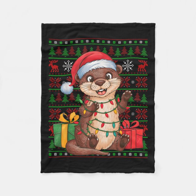 Otter Xmas Lights Ugly Santa Hat Otter Christmas  Fleecedecke (Vorderseite)