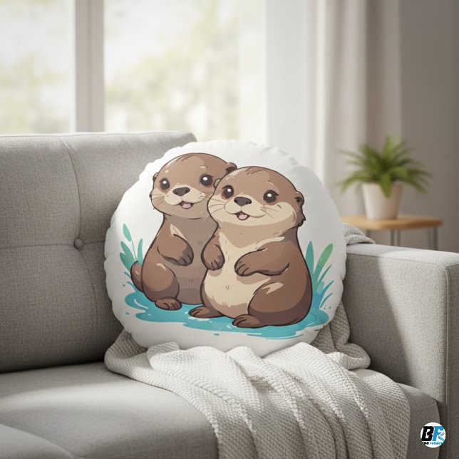 Otters Animal Cartoon Niedlich Elegante Minimalist Rundes Kissen (Von Creator hochgeladen)