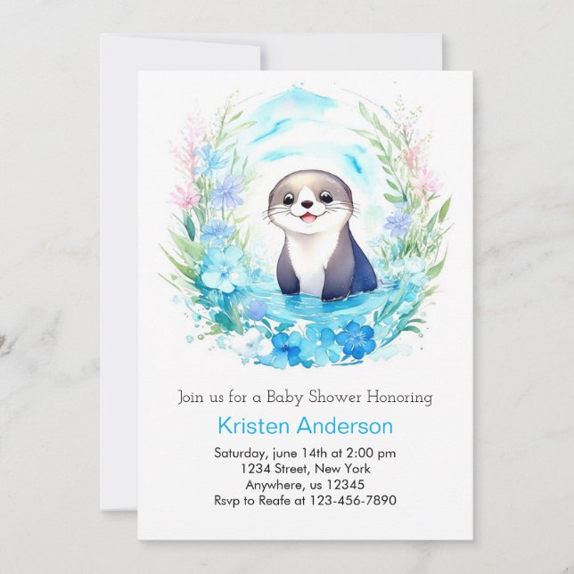 Otter's Delight Watercolor Boy Baby Shower Einladung (Vorderseite)