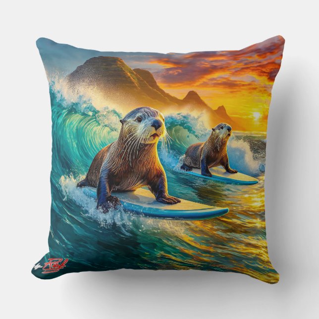 Otters Surfing 02 Design von Rich AMeN Gill Kissen (Vorderseite)