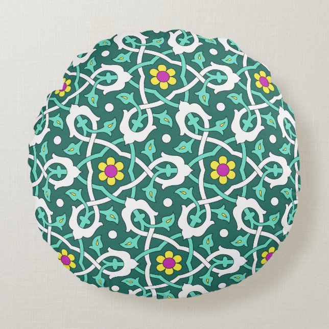 Ottoman Türkisches Weindesign in Grün und Weiß Rundes Kissen (Vorderseite)