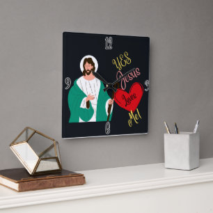 "Oui, Jésus m'aime !" Horloge murale carrée noire
