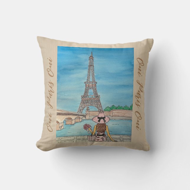 Oui Paris Oui Beige Katzenjammer Frauen auf Reisen Kissen (Vorderseite)