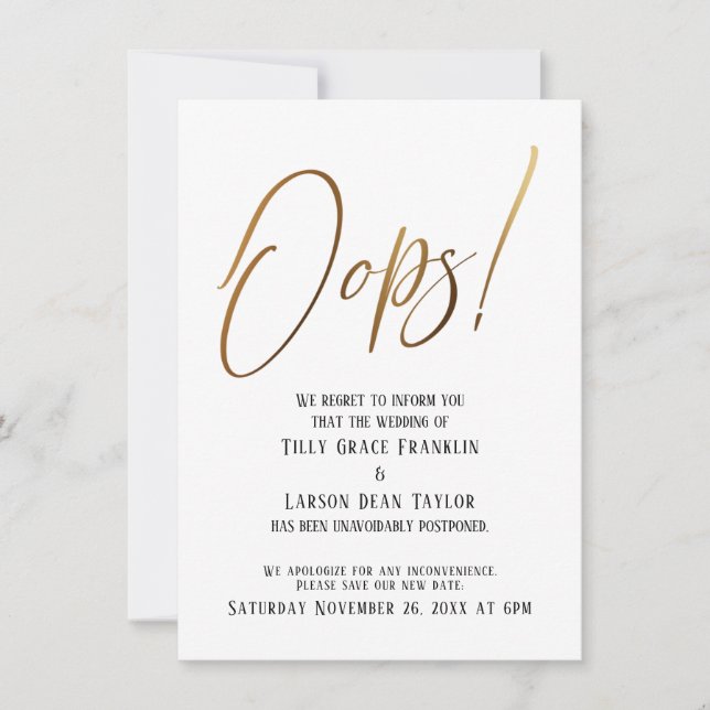 Oups ! Drôle Gold Faire-part Mariage retardé (Devant)