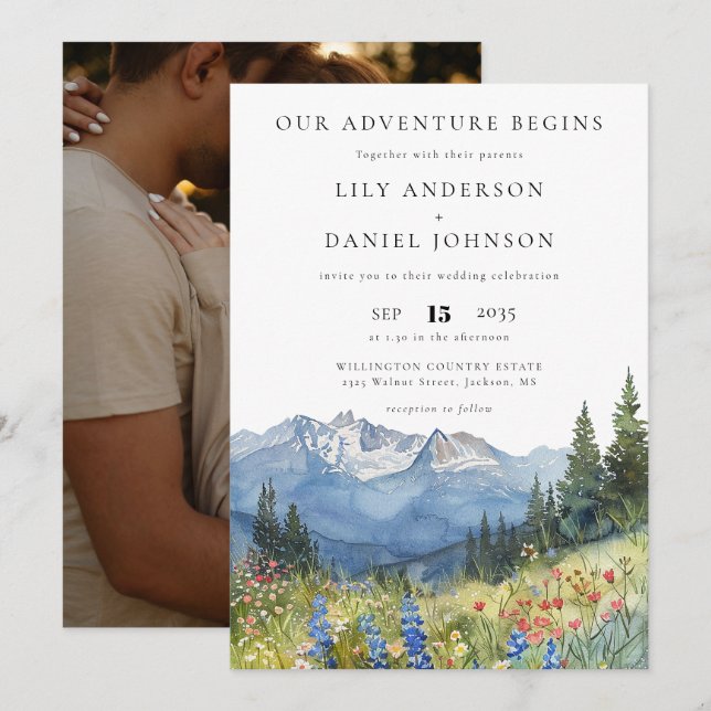 Our Adventure Mountain Wildflowers Photo Wedding Einladung (Vorne/Hinten)