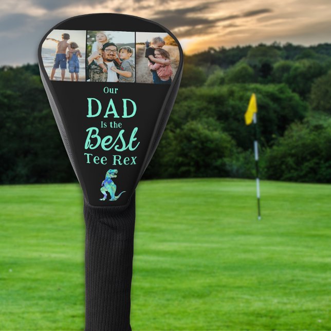 Our Dad is The Best Tee Rex 3 Photo Collage Golf Headcover (Our dad is the best tee Rex personalized 3 photo collage golf head cover Funny dinosaur kids gift)