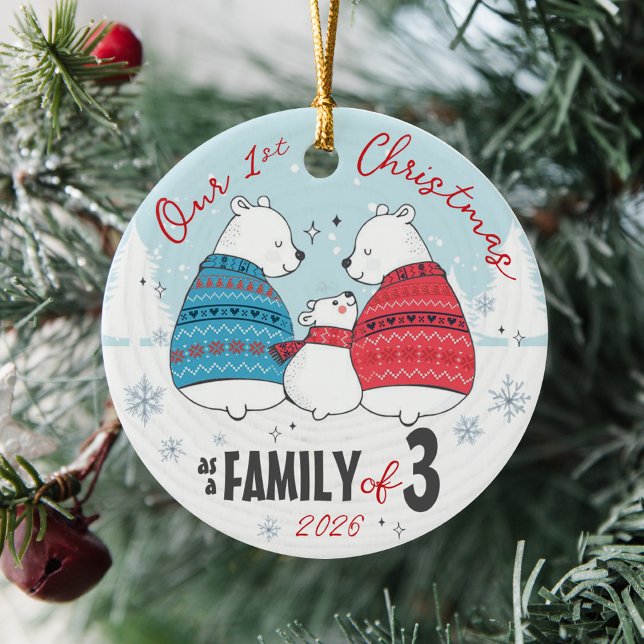 Our First Christmas as a Family of 3 Polar Bears Keramik Ornament (Cute Our 1st Christmas as a Family of 3 three polar bears baby's first custom year holiday ornament )