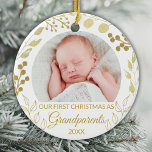 Our First Christmas As Grandparents Gold Photo Keramik Ornament<br><div class="desc">This elegant Grandparents Christmas Ornament is decorated with gold foliage on a white background.
Easily customizable with baby's photo and year.
Original Watercolor © Michele Davies.</div>