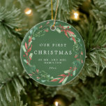 Our First Christmas as Mr and Mrs Wreath Ceramic O Keramik Ornament<br><div class="desc">This Christmas ornament keepsake features burgundy berry and pine wreath paired with a fun font. Easily edit *most* wording to meet your event needs. Change the background color.</div>