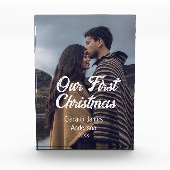 Our first Christmas couple photo name white gray Fotoblock (Vorderseite)