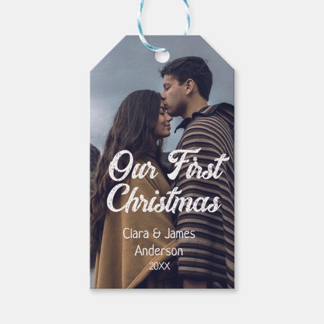 Our first Christmas couple photo name white gray Geschenkanhänger (Vorderseite)