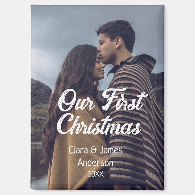 Our first Christmas couple photo name white gray Magnet (Vorderseite)