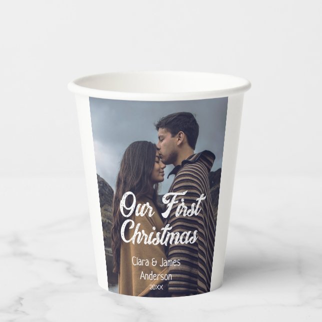 Our first Christmas couple photo name white gray Pappbecher (Vorderseite)