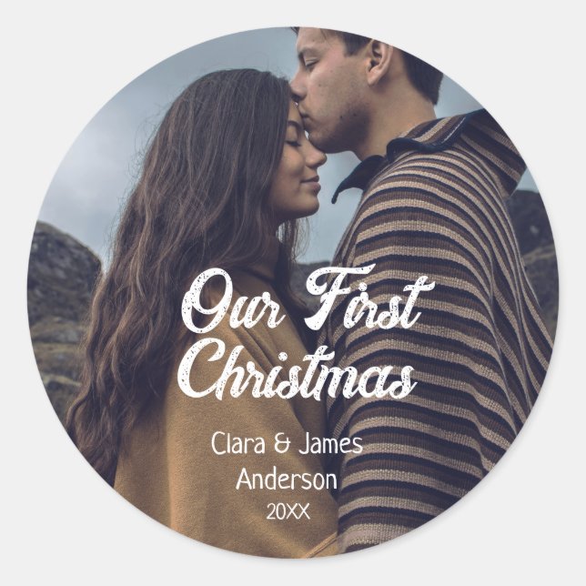 Our first Christmas couple photo name white gray Runder Aufkleber (Vorderseite)