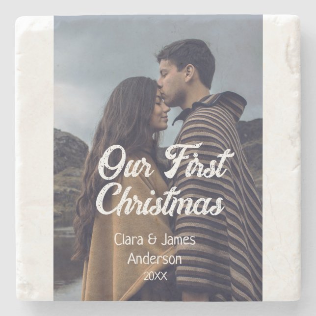 Our first Christmas couple photo name white gray Steinuntersetzer (Vorderseite)