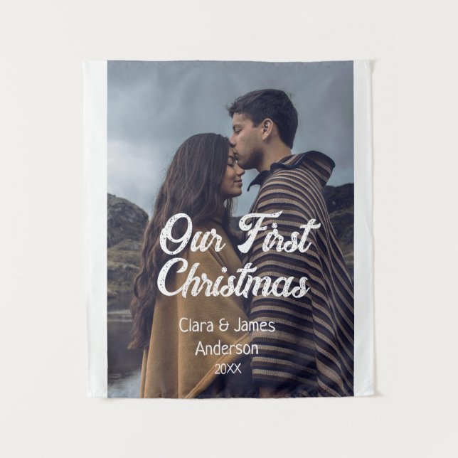 Our first Christmas couple photo name white gray Wandteppich (Vorderseite)