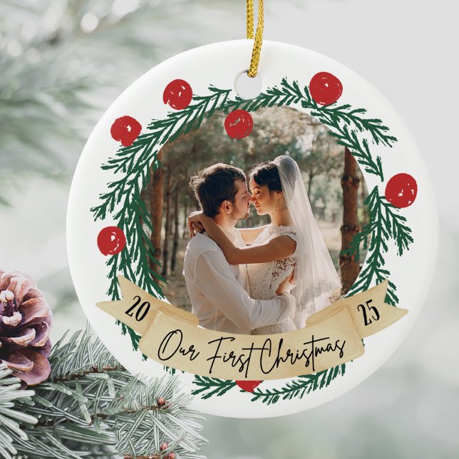 Our First Christmas Custom Photo Couples Picture Keramik Ornament (Our First Christmas Photo Ornament, Personalized Custom New Couples Picture Newlywed Gift Keepsake)
