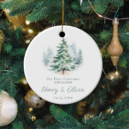 Our First Christmas Engaged Modern Script Tree Keramik Ornament