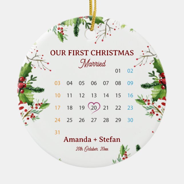 Our First Christmas Married  Keepsake Calendar Keramik Ornament (Vorne)