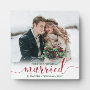 Our First Christmas Married Red Script Foto Fotoplatte