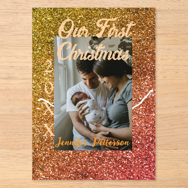 Our first Christmas orange red glitter photo year Acryleinladungen (Vorderseite)