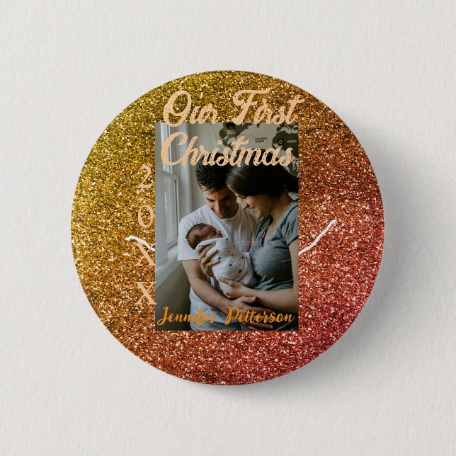 Our first Christmas orange red glitter photo year Button (Vorderseite)