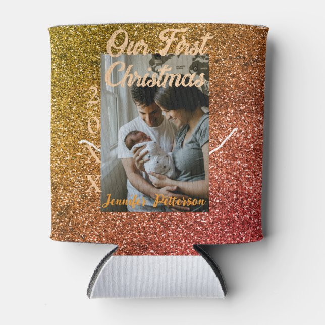 Our first Christmas orange red glitter photo year Dosenkühler (Vorderseite)