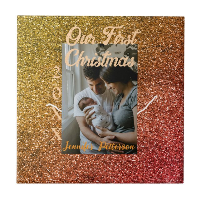 Our first Christmas orange red glitter photo year Fliese (Vorderseite)