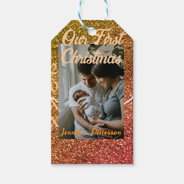 Our first Christmas orange red glitter photo year Geschenkanhänger (Vorderseite)