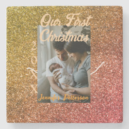 Our first Christmas orange red glitter photo year Steinuntersetzer