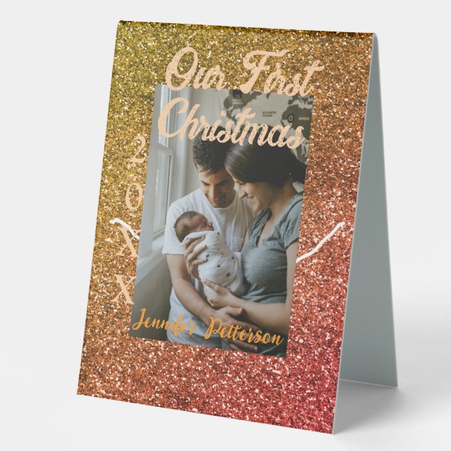 Our first Christmas orange red glitter photo year Tischaufsteller (Vorderseite)