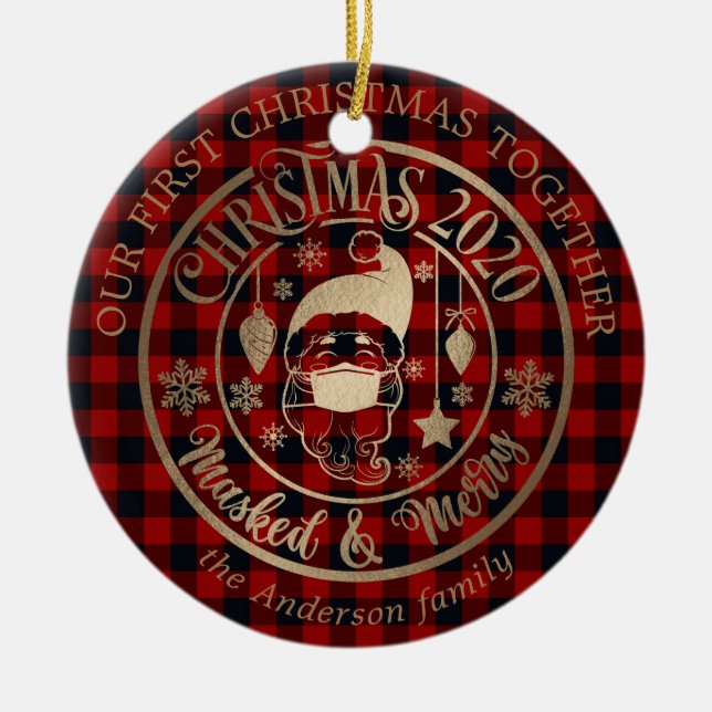 Our first Christmas pandemic masked merry, Foto Keramik Ornament (Vorne)