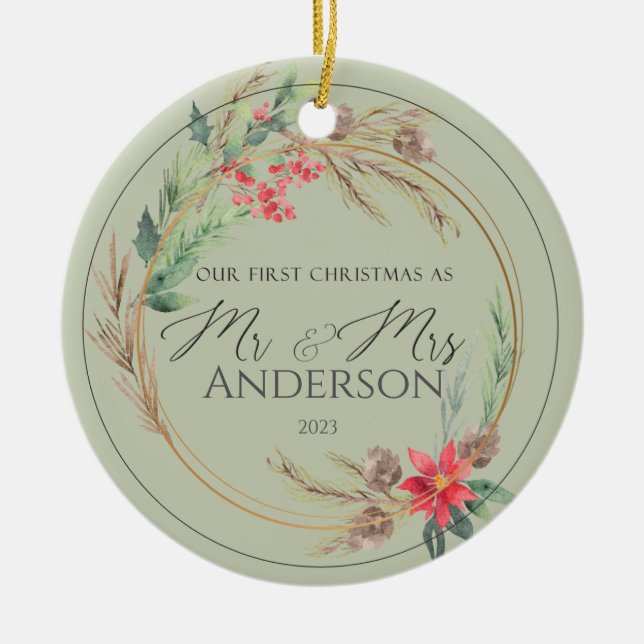 Our First Christmas Wedding Photo Mr Mrs Keramik Ornament (Vorne)