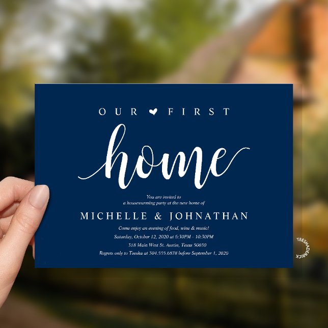 Our First Home Modern Rustic Housewarming party Einladung (Our First Home Housewarming party Invitation Card in Navy Blue)