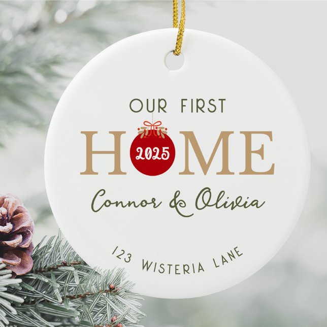 Our First Home Personalized Names Address Year Keramik Ornament (Our first home personalized Christmas ornament custom names address year minimalist housewarming)