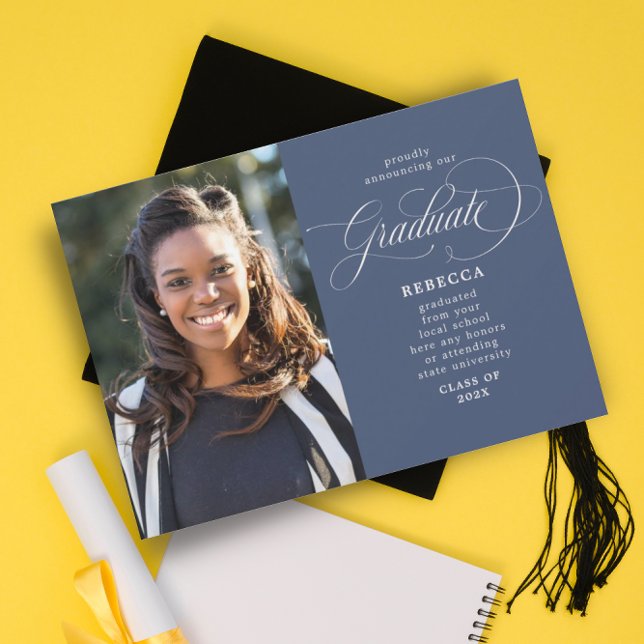 Our Graduate Classic Script Blue Photo Graduation Ankündigung (Von Creator hochgeladen)