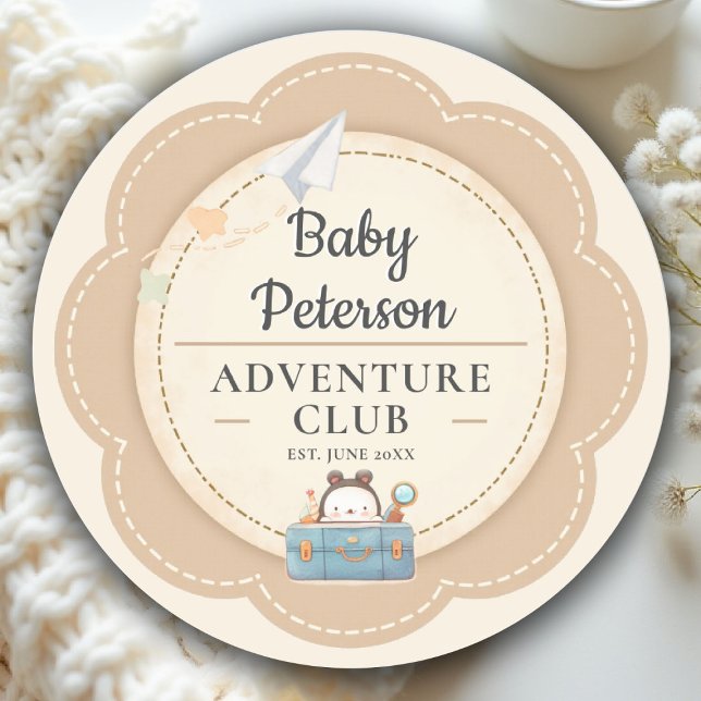 Our Greatest Adventure Neutral Cute Baby Shower Runder Aufkleber (our greatest adventure baby shower theme personalized sticker coed couple neutral)