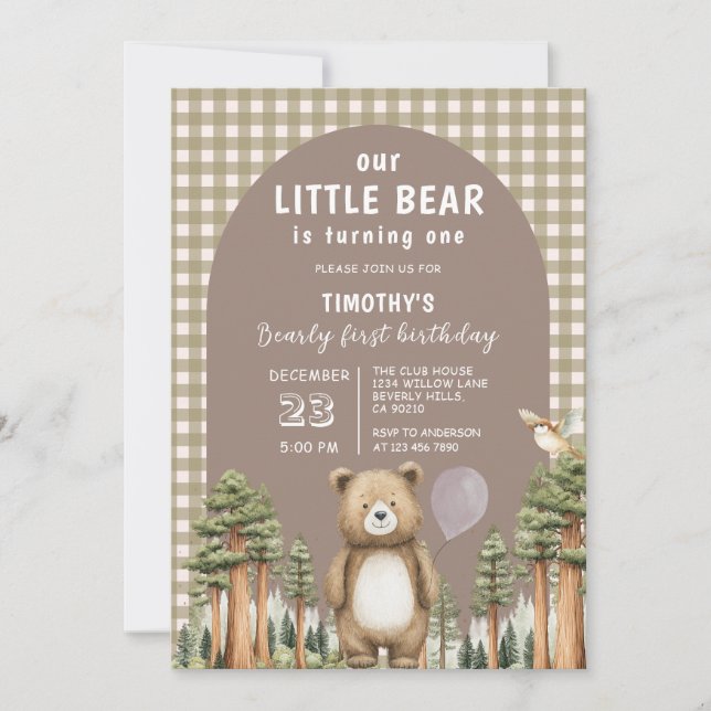 Our Little Bear is Turning One Forest Gingham Einladung (Vorderseite)