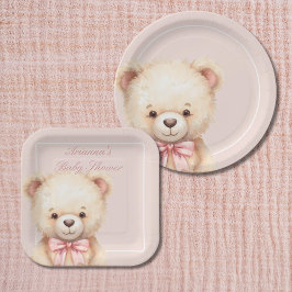 Our Little Bear on the Way Pink Bow Baby Shower Pappteller